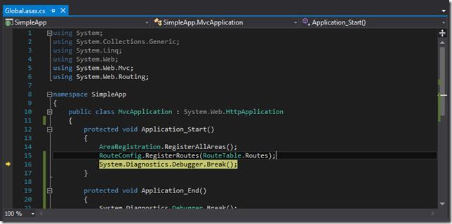 3.2 Control is passed to the debugger when the Application_Start method is called