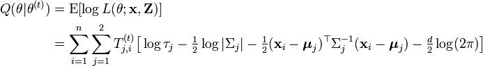 \begin{align}Q(\theta|\theta^{(t)})  &= \operatorname{E} [\log L(\theta;\mathbf{x},\mathbf{Z}) ] \\ &= \sum_{i=1}^n \sum_{j=1}^2 T_{j,i}^{(t)} \big[ \log \tau_j  -\tfrac{1}{2} \log |\Sigma_j| -\tfrac{1}{2}(\mathbf{x}_i-\boldsymbol{\mu}_j)^\top\Sigma_j^{-1} (\mathbf{x}_i-\boldsymbol{\mu}_j) -\tfrac{d}{2} \log(2\pi) \big] \end{align}