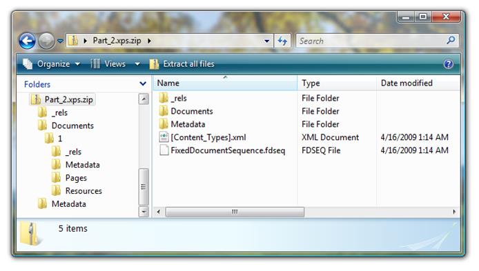 Screen shot showing an XPS file that was opened for browsing, with a folders view in the left pane, and three folders and two files in the right pane