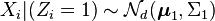 X_i |(Z_i = 1) \sim \mathcal{N}_d(\boldsymbol{\mu}_1,\Sigma_1)