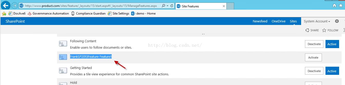 Machine generated alternative text:， ‘ htt 卩 以 1 丷 ‘ ． 0 product.com ite ， e 以 tur 酊 」 以 yo 」 t 1 ， ‘St 以 1 以 叩 ： 丨 以 yo 」 t 1 S/ManageFeatures.aspx 会 司 D004vE5 Governmance Automation C Site Settings ， ‘ d em 0 H om e Compliance G uard n SharePoint Following Content Enable users to follow documents or sites. FrankSF2ü13Feature Featurel Getting Started Provides a tile View experience for common SharePOint site actions. Hold ， ‘ Site Features Newsfeed OneDrlve Sltes System ACCOU nt · SHARE FOLLOW Deactivate Activate Deactivate Actlve Actlve 