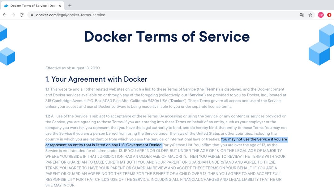 Docker 禁止被列入美国“实体名单”的国家、企业、个人使用