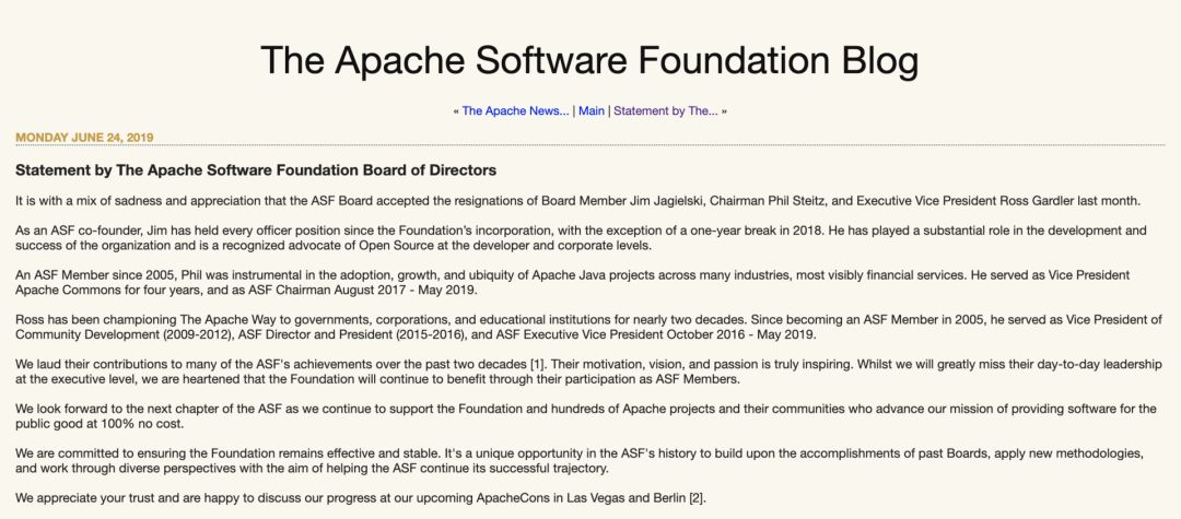 开源地震？Apache 基金会创始人、主席与执行副总裁三人离职