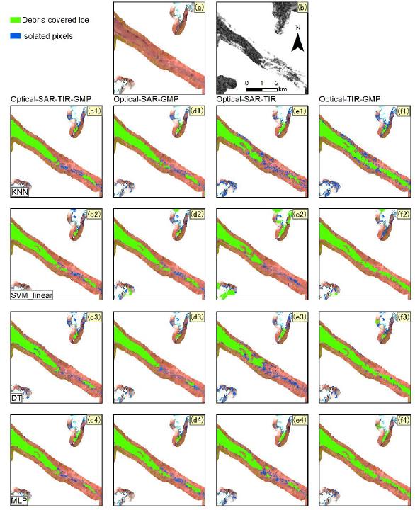 使用Sentinel-1/-2、Landsat-8及DEM组合数据进行机器学习分类表碛覆盖冰川