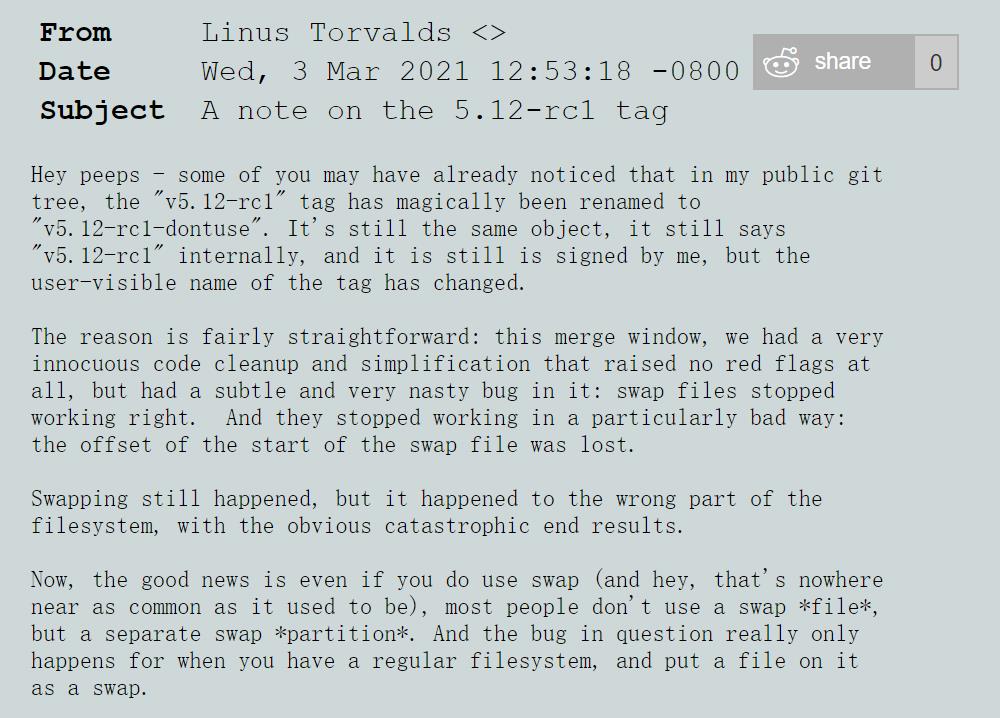 Linus发出警告：请勿使用Linux Kernel 5.12-rc1