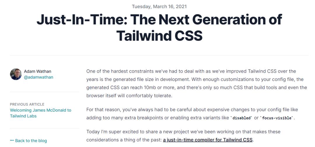 下一代Tailwind CSS 将引入JIT编译器