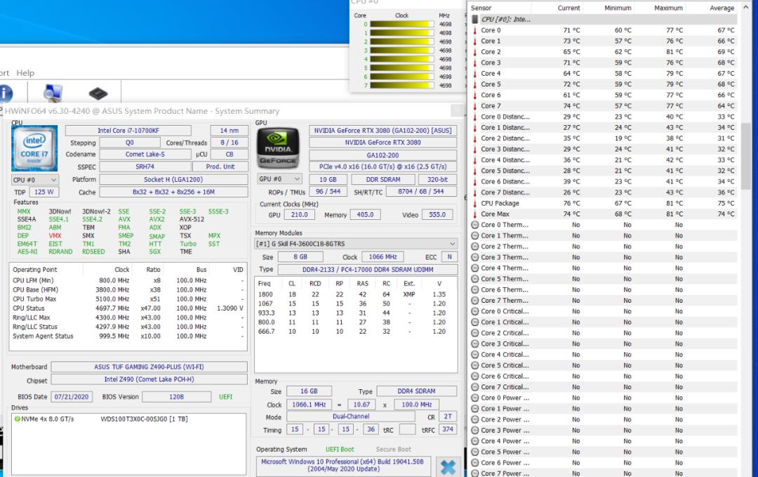 Intel 10700KF+RTX3080台式机测试数据