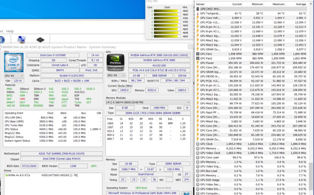 Intel 10700KF+RTX3080台式机测试数据