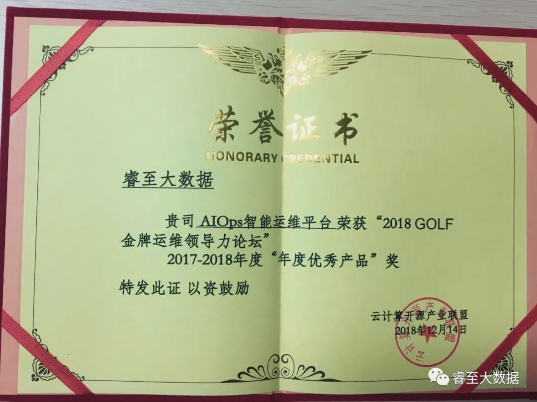 睿至AIOps智能运维平台荣获“运维行业2018年度优秀产品”称号