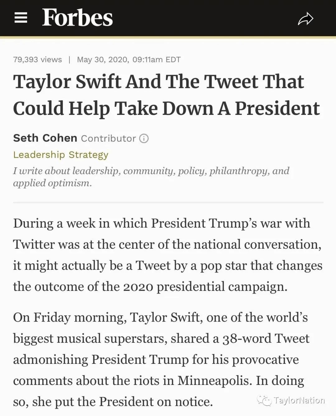 据《福布斯》报道：Taylor Swift那条38个单词的推文，或将让特朗普输掉总统！