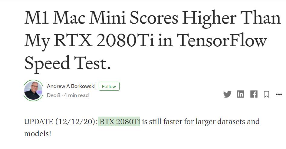 苹果M1芯片机器学习测评出炉！Mini比RTX 2080Ti快14％，Air好于Pro