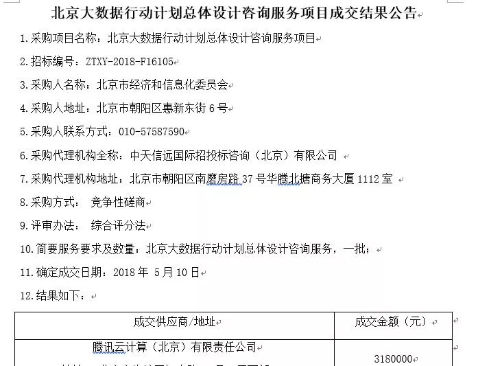 318万元，腾讯云拿下北京大数据行动计划咨询项目