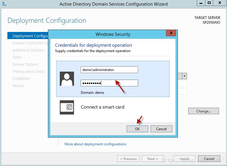 Machine generated alternative text:Actlve Dlrectory Domaln Servlces Conflguratlon WIzard Deployment Configuration Windows Securl 匚 三 # ” = ： 二 on ， § 」 丨 Credentials for deployment operation Supply credentials for the deployment operation demoladministrator Domain: demo Connect a smart card [ 〔 〔 〔 亟 二 ] [ 〕 〕 亟 〕 〕 ] TARGET SERVER Sp2010A10 （ h 引 垮 已 ． Cancel Install Next > More about deployme ， It configurations < 