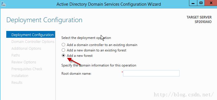 Machine generated alternative text:Ive Dlrectory Domaln Servlces Conflguratlon WIzar Deployment Configuration 匚 三 # 0 丿 = ： 二 on ， § 」 ， cn Select the deployment op tion （ 〕 Add a domain ' 0 ， ro 丨 r 10 3 n existing domain （ 〕 Add a new domain 10 引 1 existing forest @ Add a new forest Specify the main Information forthis operation 以 0n13 丨 n 已 TARGET SERVER Sp2010A10 