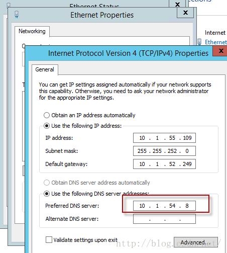 Machine generated alternative text:Ethernet Propertles Internet Eth ern et nternet Protocol Version 4 (TCP/IPv4) Propertles General You 〔 以 n get IP settings assigned 以 utom 以 t 〔 引 ， if your netvvork supports this 〔 以 p 以 ， 丨 it/ Otherwise ， ou need to ask your neWvork administrator for the appropriate IP setbngs. 0b 们 引 1 IP address tom 以 t 〔 引 ， 255 · Use the fo № 们 g IP address. IP address. Subnet mask: Defaultgateway: 255 252 54 （ 〕 Obtain DNS server address 以 utom 以 t 〔 引 ， ． the fo № 们 g DNS server Preferred DNS server Alternate DNS server [ 〕 Validate settings upon exit 川 