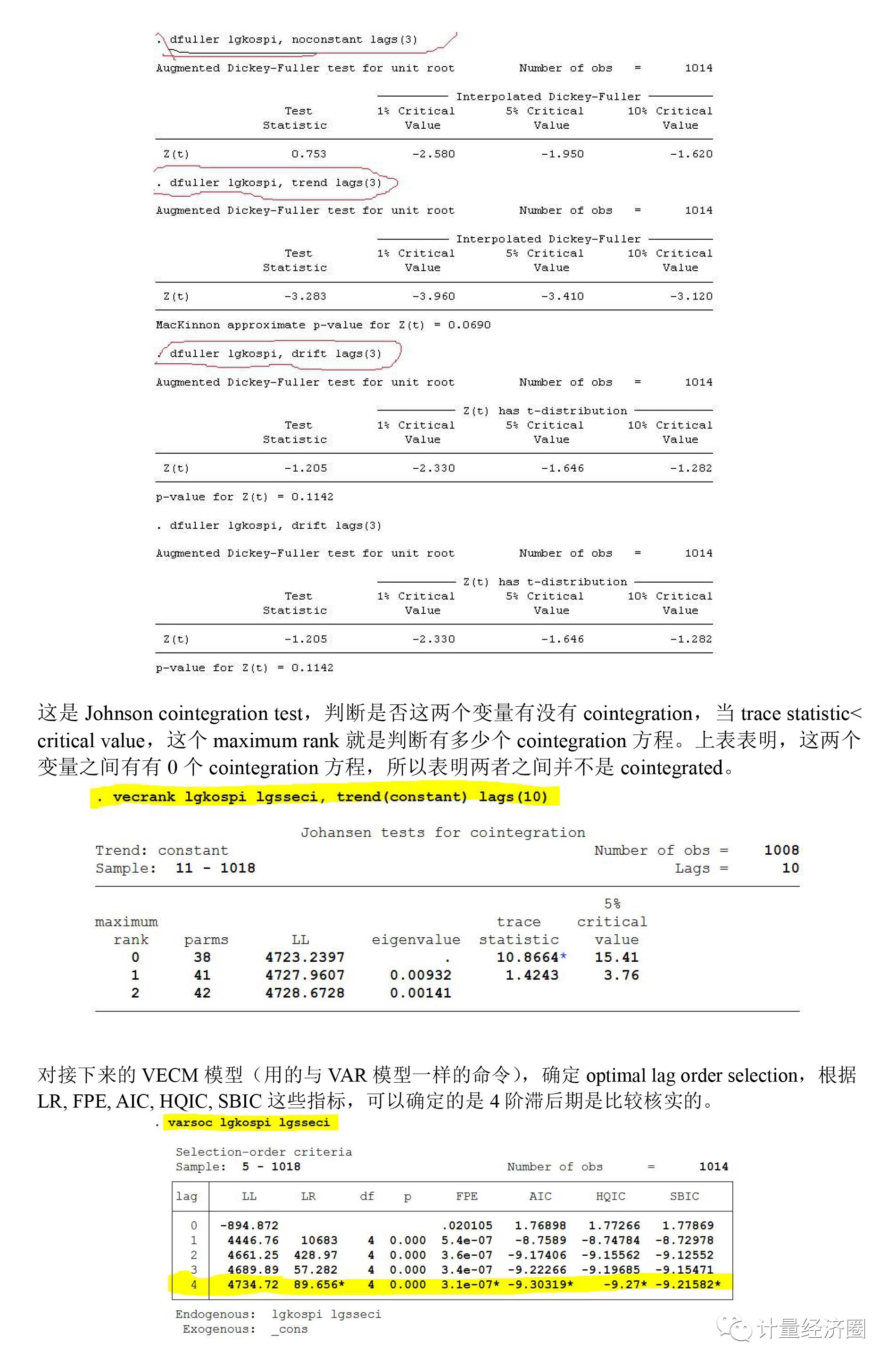 时间序列中的协整检验和VECM，以及回归后的系列估计操作