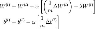  \\begin{align}W^{(l)} &= W^{(l)} - \\alpha \\left[ \\left(\\frac{1}{m} \\Delta W^{(l)} \\right) + \\lambda W^{(l)}\\right] \\\\b^{(l)} &= b^{(l)} - \\alpha \\left[\\frac{1}{m} \\Delta b^{(l)}\\right]\\end{align}