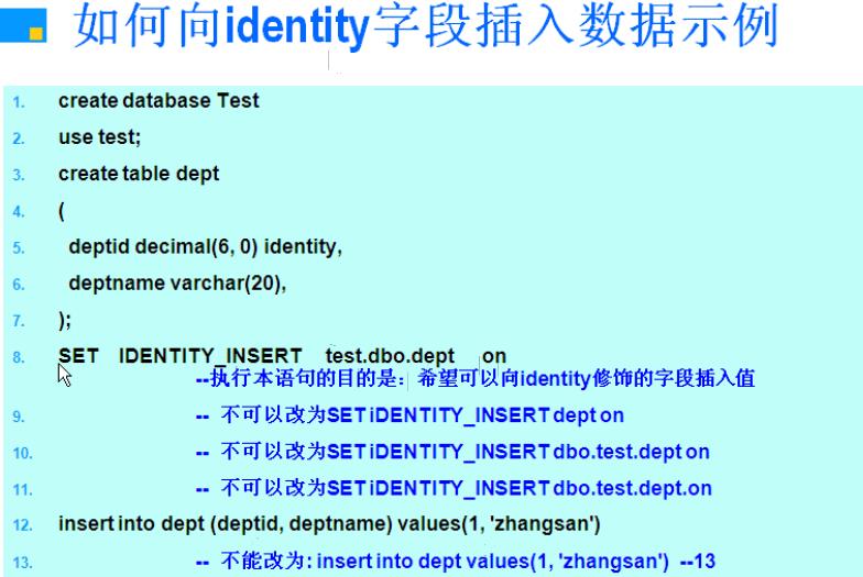 如何向identity字段插入数据示例