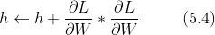 h\\leftarrow h + \\frac{\\partial L}{\\partial W} * \\frac{\\partial L}{\\partial W} \\ \\ \\ \\ \\ \\ \\ \\ (5.4)