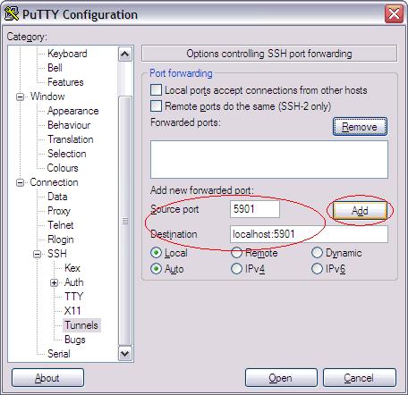 图 1. 通过 Putty 设置 SSH 隧道功能