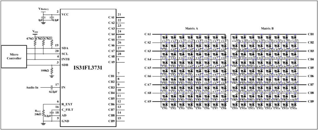 ▲ IS31FL3731芯片外部连接的LED阵列就是使用的查理复用的方法