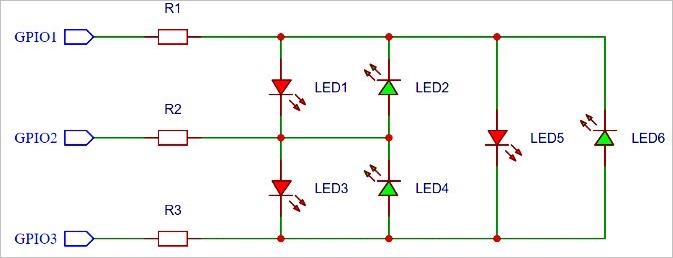 ▲ 三个IO端口控制六个 **LED** 单独点亮