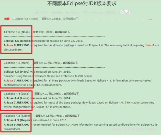 不同版本Eclipse对JDK版本要求