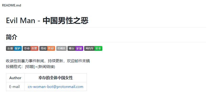 一个名为「中国男性之恶」GitHub项目，火到了国外