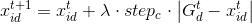 x_{id}^{t+1}=x_{id}^{t}+\\lambda\\cdot step_{c}\\cdot \\left | G_{d}^{t} -x_{id}^{t}\\right |