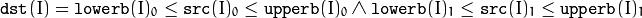 \\texttt{dst} (I)= \\texttt{lowerb} (I)_0  \\leq \\texttt{src} (I)_0 \\leq  \\texttt{upperb} (I)_0  \\land \\texttt{lowerb} (I)_1  \\leq \\texttt{src} (I)_1 \\leq  \\texttt{upperb} (I)_1