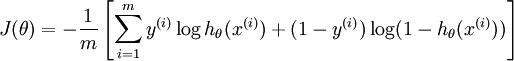 
\\begin{align}
J(\\theta) = -\\frac{1}{m} \\left[ \\sum_{i=1}^m y^{(i)} \\log h_\\theta(x^{(i)}) + (1-y^{(i)}) \\log (1-h_\\theta(x^{(i)})) \\right]
\\end{align}
