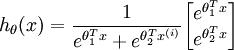 
\\begin{align}
h_\\theta(x) &=

\\frac{1}{ e^{\\theta_1^Tx}  + e^{ \\theta_2^T x^{(i)} } }
\\begin{bmatrix}
e^{ \\theta_1^T x } \\\\
e^{ \\theta_2^T x }
\\end{bmatrix}
\\end{align}
