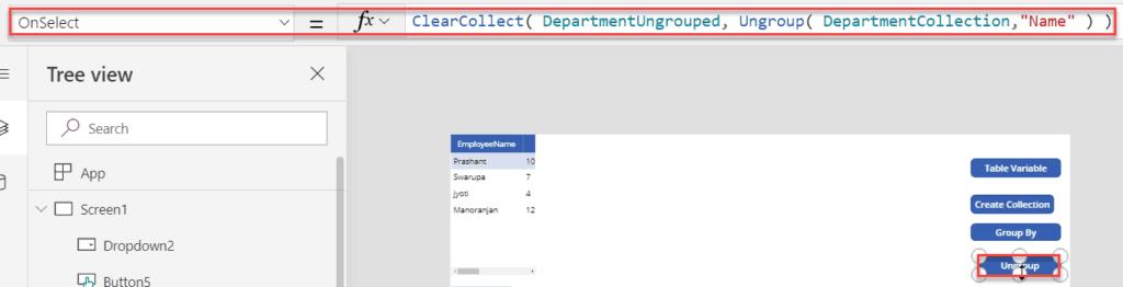 powerapps ungroup function