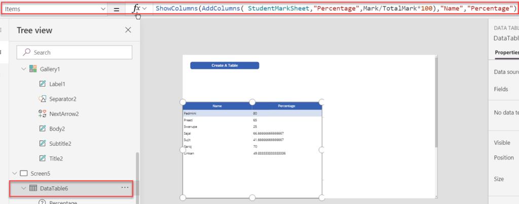 powerapps table show columns