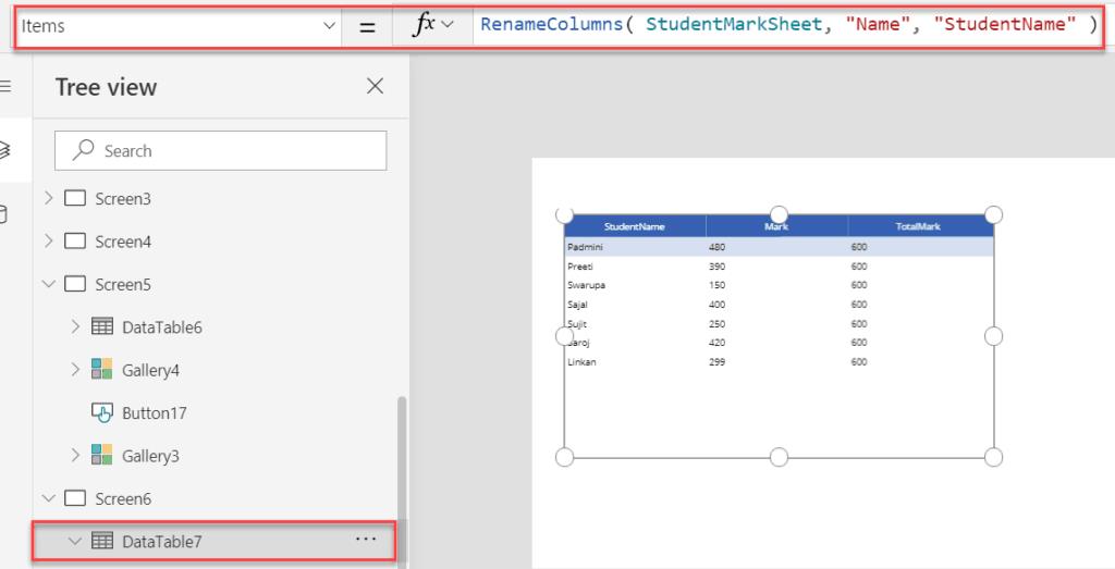 powerapps table rename columns