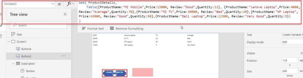 create a table using the PowerApps Table() function