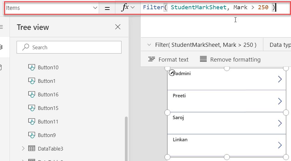 powerapps data table filter items