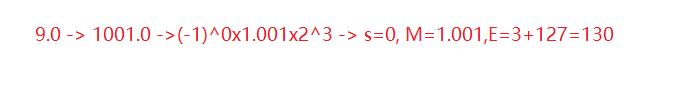 ==9.0 -> 1001.0 ->(-1)^0 1.001 2^3 -> s=0, M=1.001,E=3+127=130==