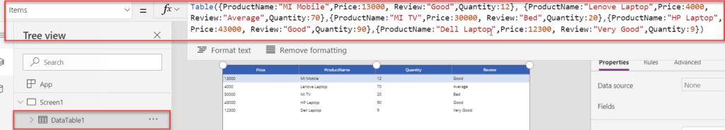 powerapps table function