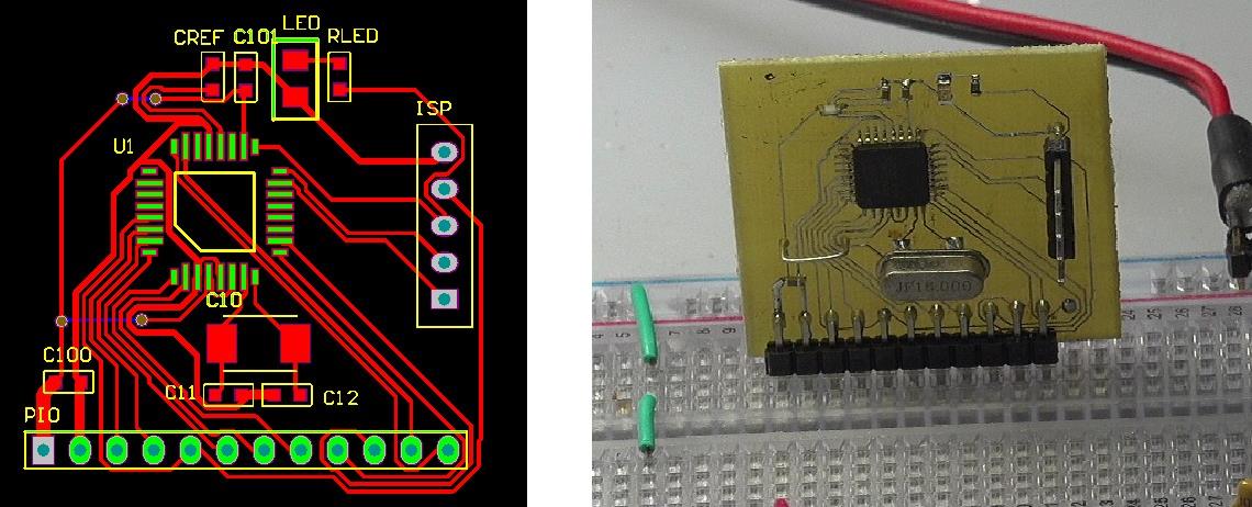 ▲ 图1-4 快速制版铺设的PCB以及焊接后的PCB