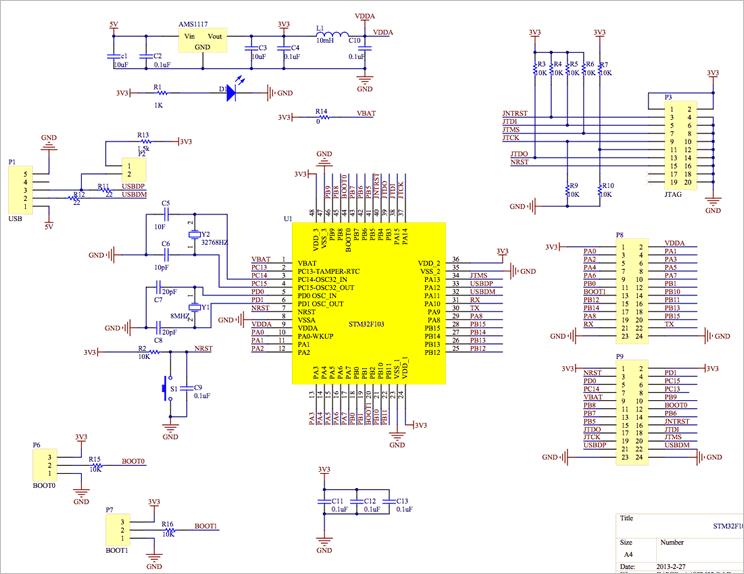 ▲ 图1-1 STM32F103最小系统的参考设计电路