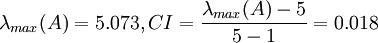 lambda_{max}(A)=5.073,CI=frac{lambda_{max}(A)-5}{5-1}=0.018