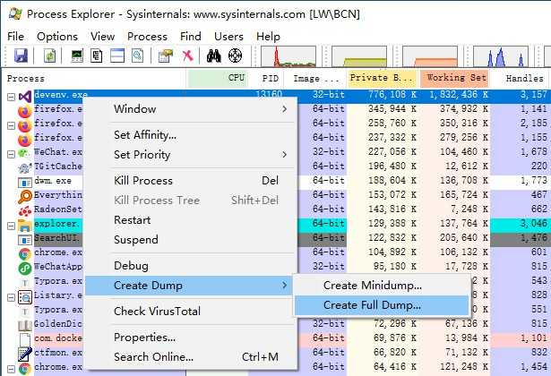 使用 process explorer 抓取 dump 截图