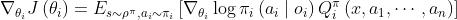 \\nabla_{\\theta_{i}} J\\left(\\theta_{i}\\right)=E_{s \\sim \\rho^{\\pi}, a_{i} \\sim \\pi_{i}}\\left[\\nabla_{\\theta_{i}} \\log \\pi_{i}\\left(a_{i} \\mid o_{i}\\right) Q_{i}^{\\pi}\\left(x, a_{1}, \\cdots, a_{n}\\right)\\right]