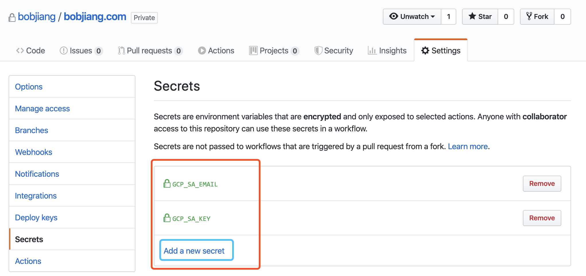 add github secrets