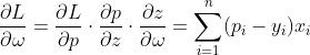 \\frac{\\partial L}{\\partial \\omega }=\\frac{\\partial L}{\\partial p}\\cdot \\frac{\\partial p}{\\partial z}\\cdot \\frac{\\partial z}{\\partial \\omega }=\\sum_{i=1}^{n}(p_{i}-y_{i})x_{i}