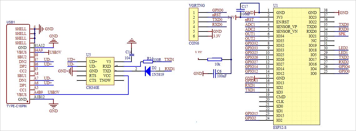 ▲ 图1.1 ESP32核心板串口端口560