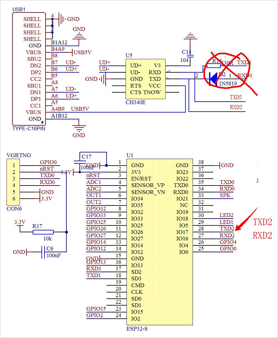 ▲ 图1.1 将RXD1,TXD1修改为RXD2,TXD2