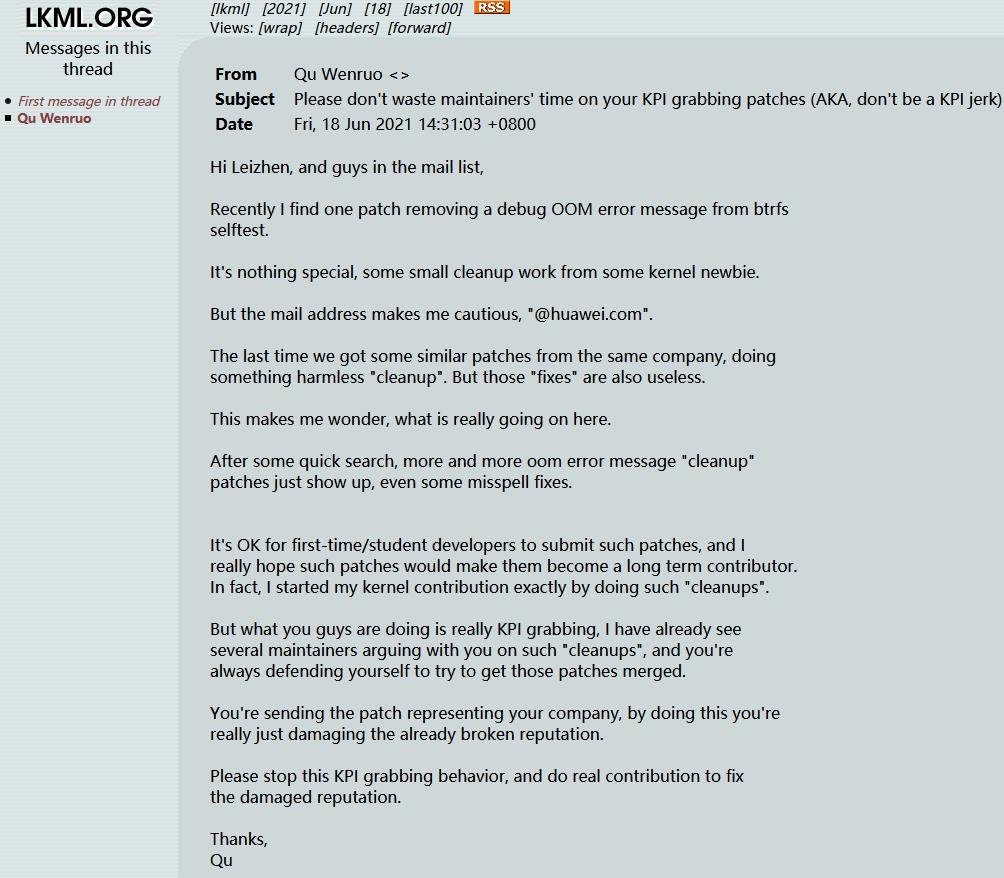 Linux Qu Wenruo点名华为开发者提交的补丁有刷KPI嫌疑Linux Qu Wenruo点名华为开发者提交的补丁有刷KPI嫌疑