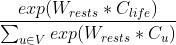 \\frac{exp(W_{rests}*C_{life})}{\\sum_{u\\in V}exp(W_{rests}*C_{u}) }